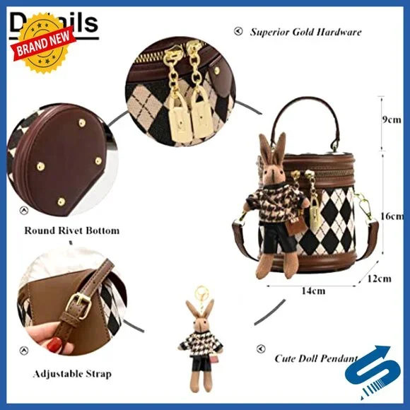 Quilted Faux Leather Satchel Crossbody Bag with Bunny Pendant - Picture 4 of 7